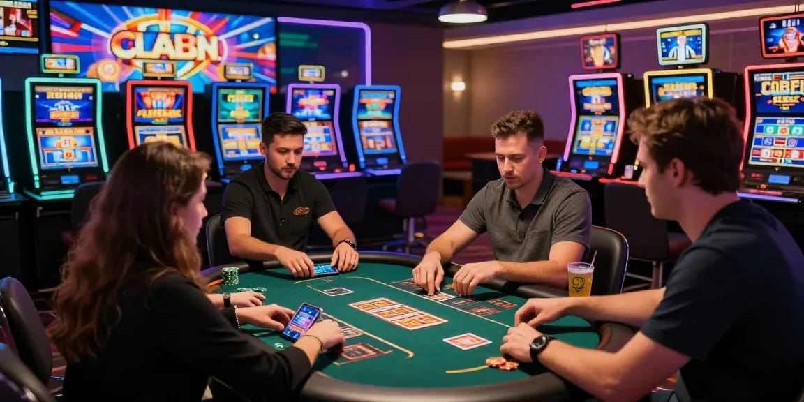 Players enjoying various games at credit card casinos in a vibrant online casino setting