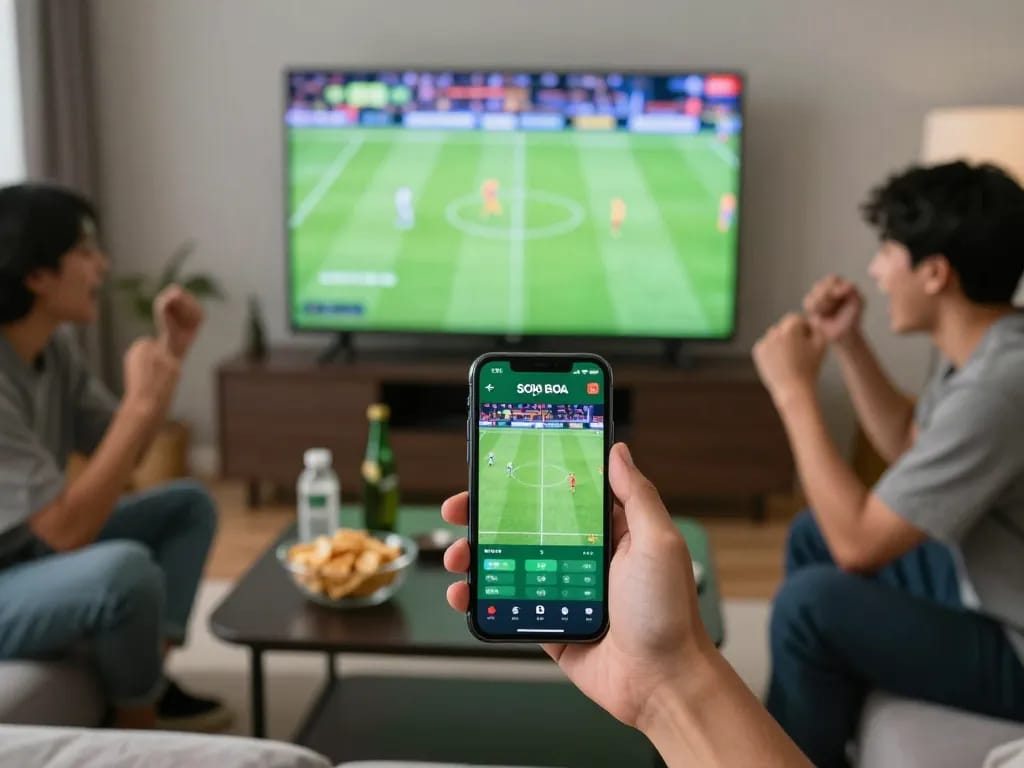 Soi kèo bóng đá app showing live betting on football matches amidst friends in a lively home setting.