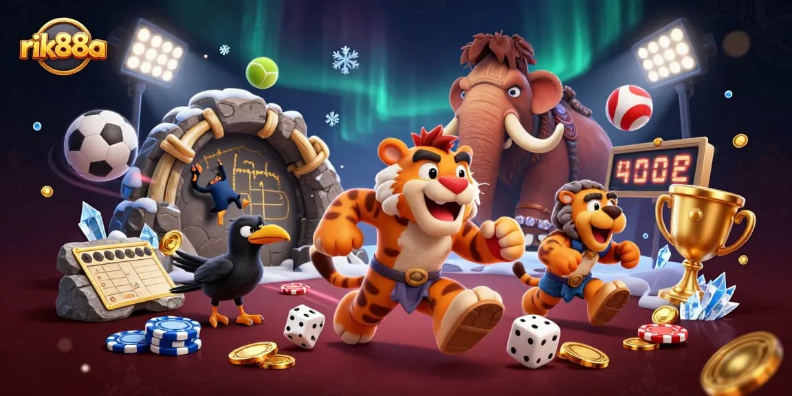 Experience thrilling gaming moments with rik88a in a dynamic prehistoric casino scene featuring exciting elements.