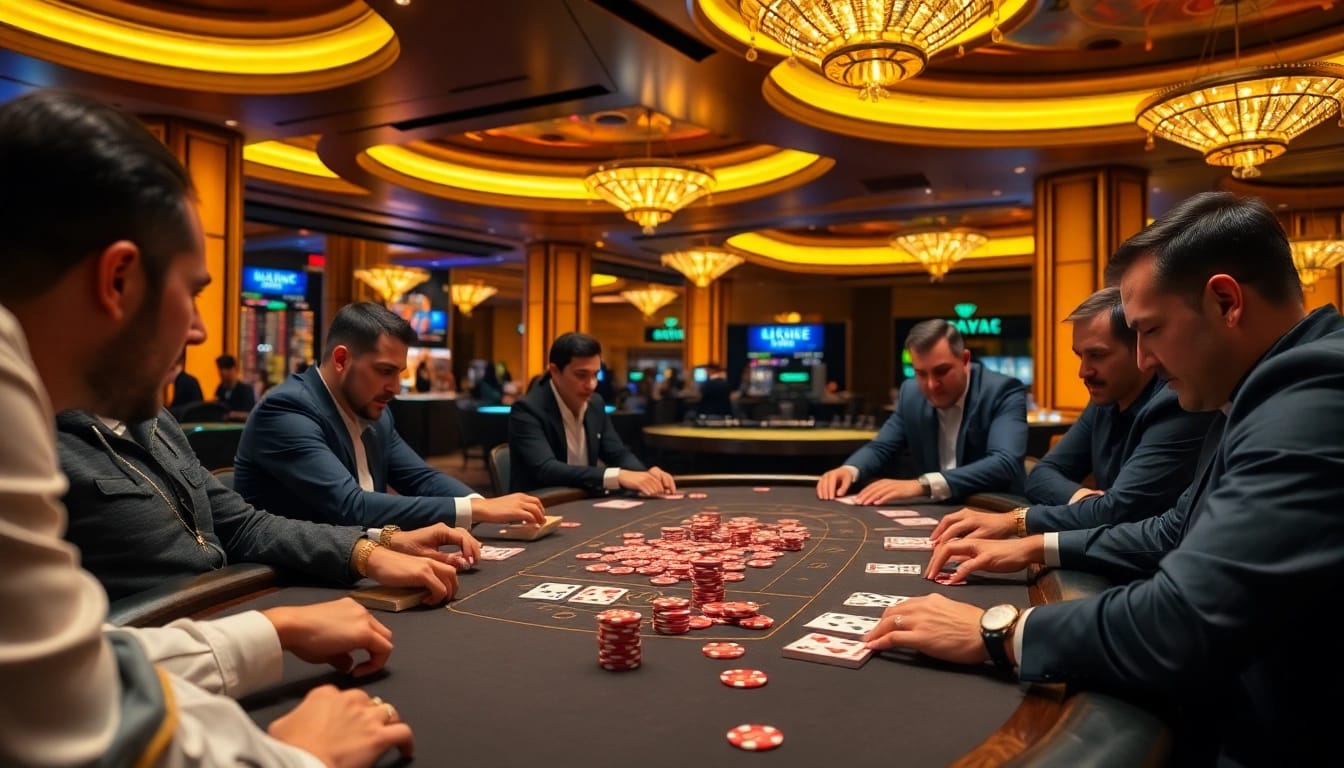 Players strategizing in a thrilling Poker game at a luxurious casino table.