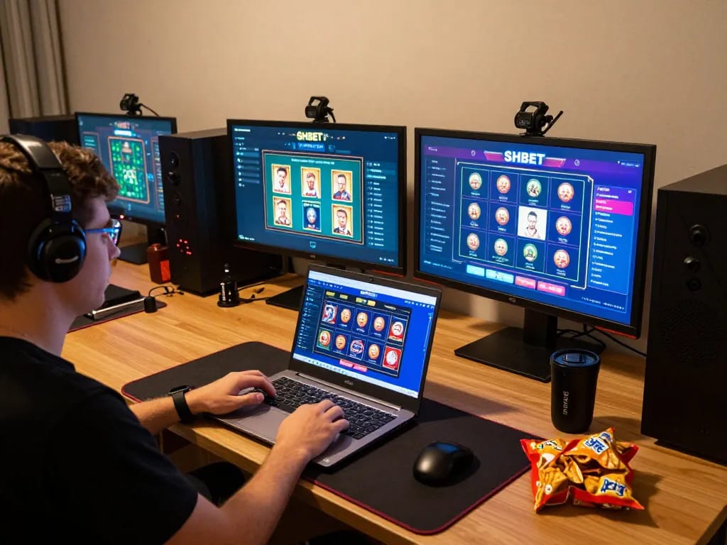 shbet user engaging in online casino gameplay on laptop in cozy home environment