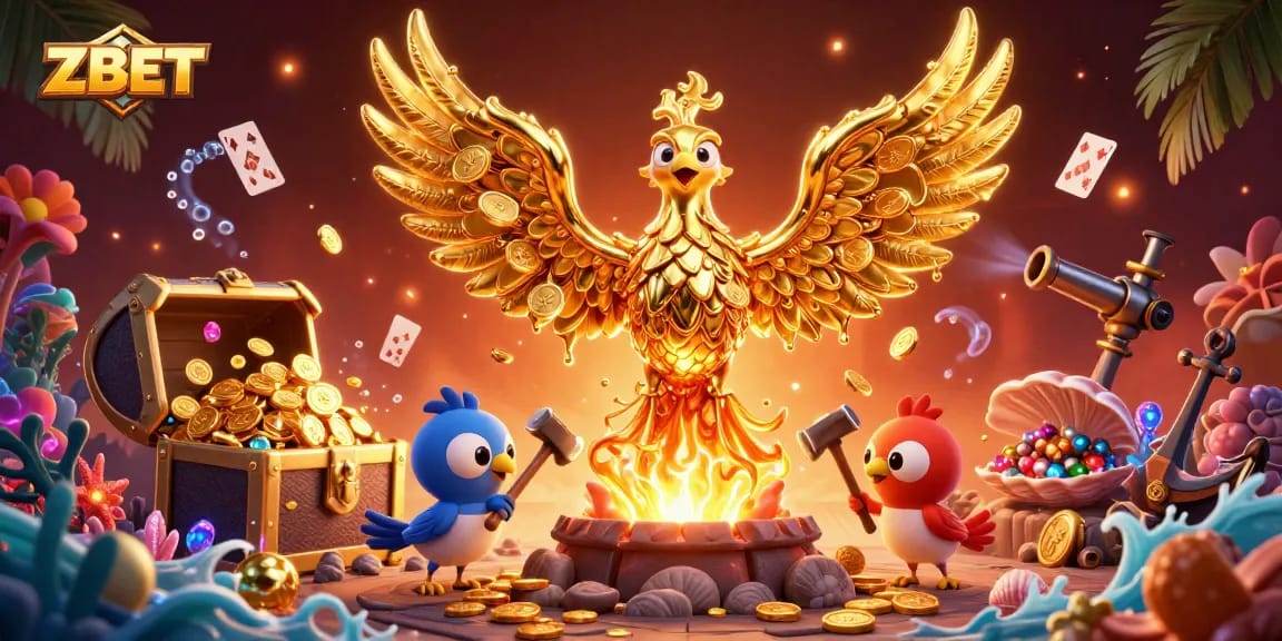 ZBET showcases winning moments with molten golden phoenix and treasure elements in a dynamic casino scene.