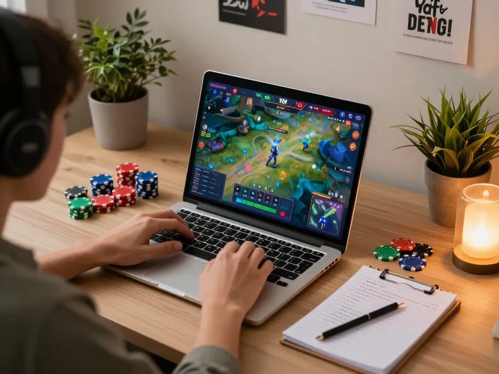 Xocdiaonline player engaging in strategic gameplay on a laptop while managing their betting notes at home.