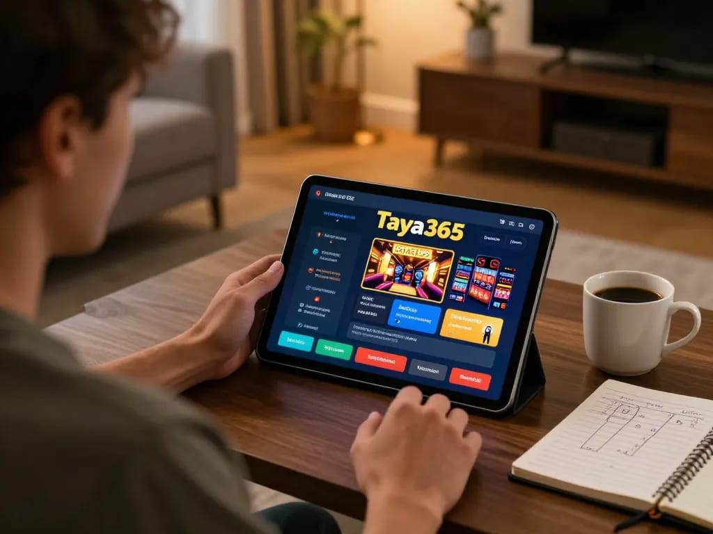 Engaging player using Taya365 app for online casino gaming, emphasizing strategy in a cozy home setting.