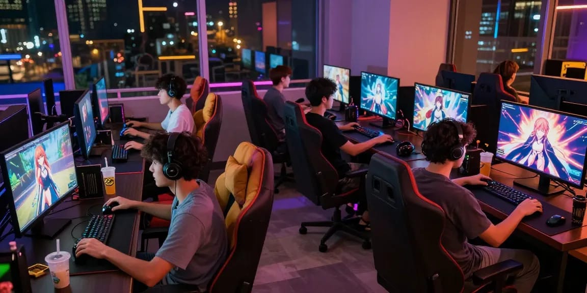Engaged players enjoying hentai games online in a vibrant gaming lounge.