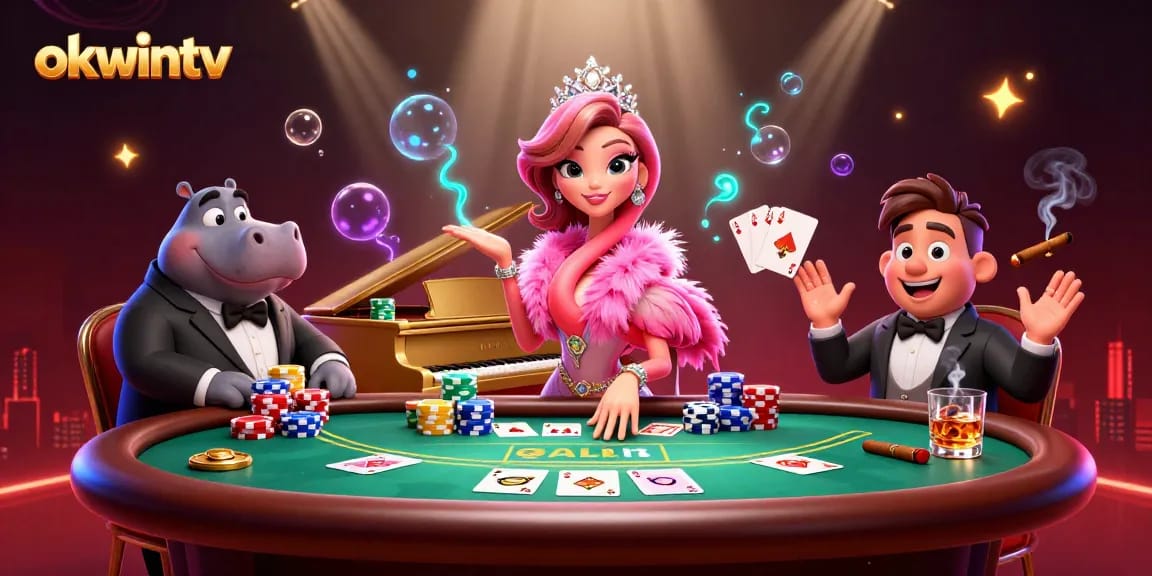 Experience exciting gaming at okwintv with vibrant illustrations of poker and lively characters.