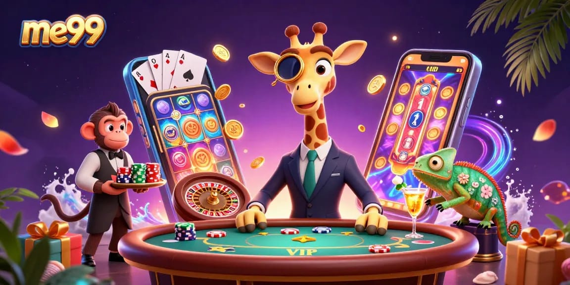 Engage with me99's vibrant casino scene featuring a high-roller giraffe and dazzling gaming elements.