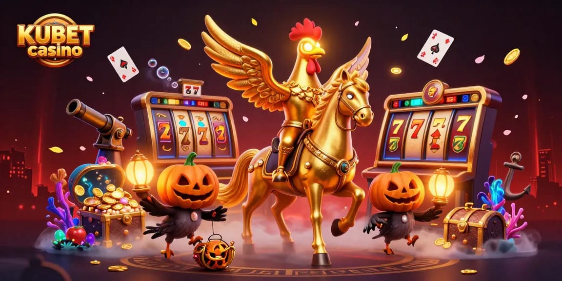 KUBET casino showcases a vibrant 3D scene with a golden rooster and friends amidst bright slot machines and treasure chests.
