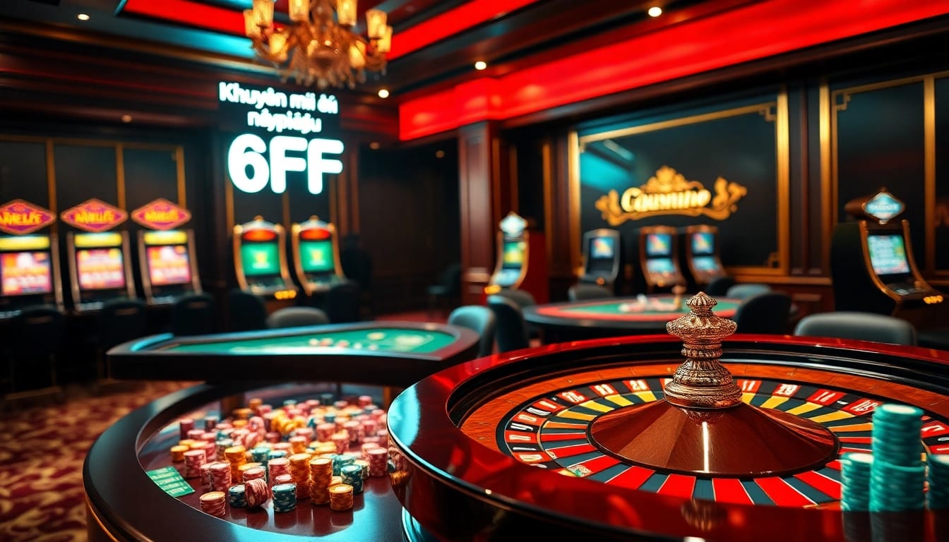Experience the thrill of Khuyến mãi nạp đầu 6FF with vibrant casino visuals showcasing roulette and poker.