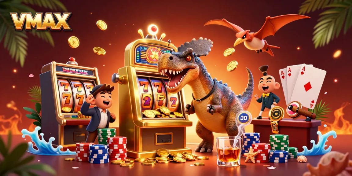 VMAX casino illustration with characters enjoying big wins at a vibrant gambling scene