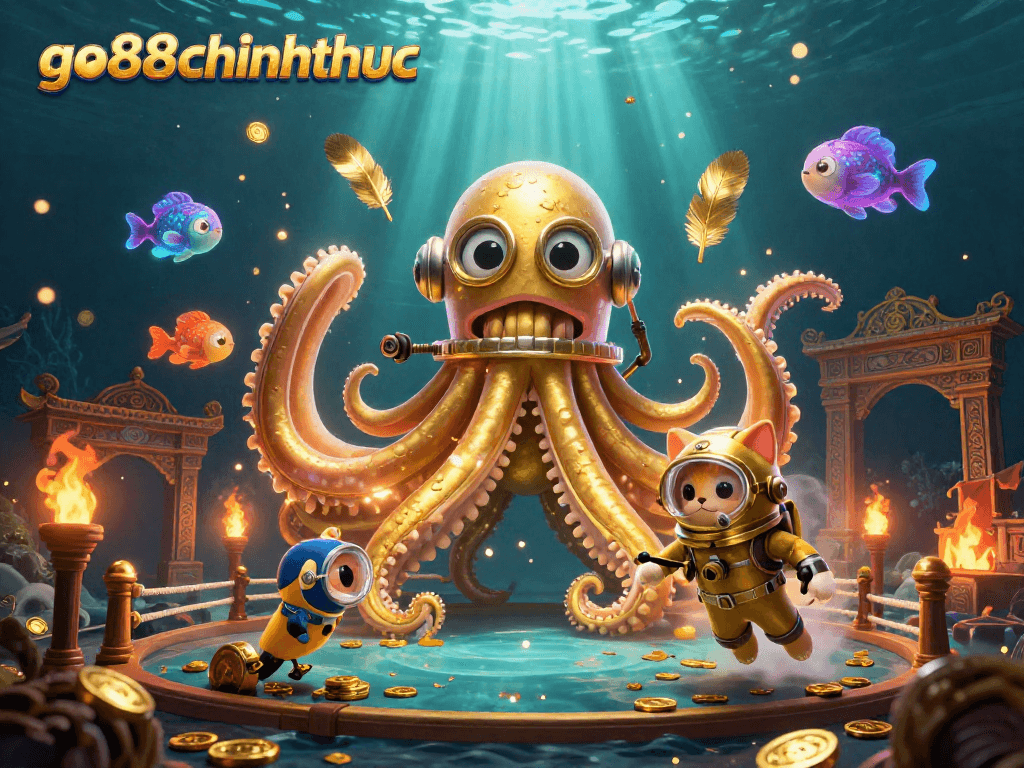 Experience thrilling action at go88chinhthuc with a kraken emerging in a treasure-rich underwater scene filled with dynamic casino elements.