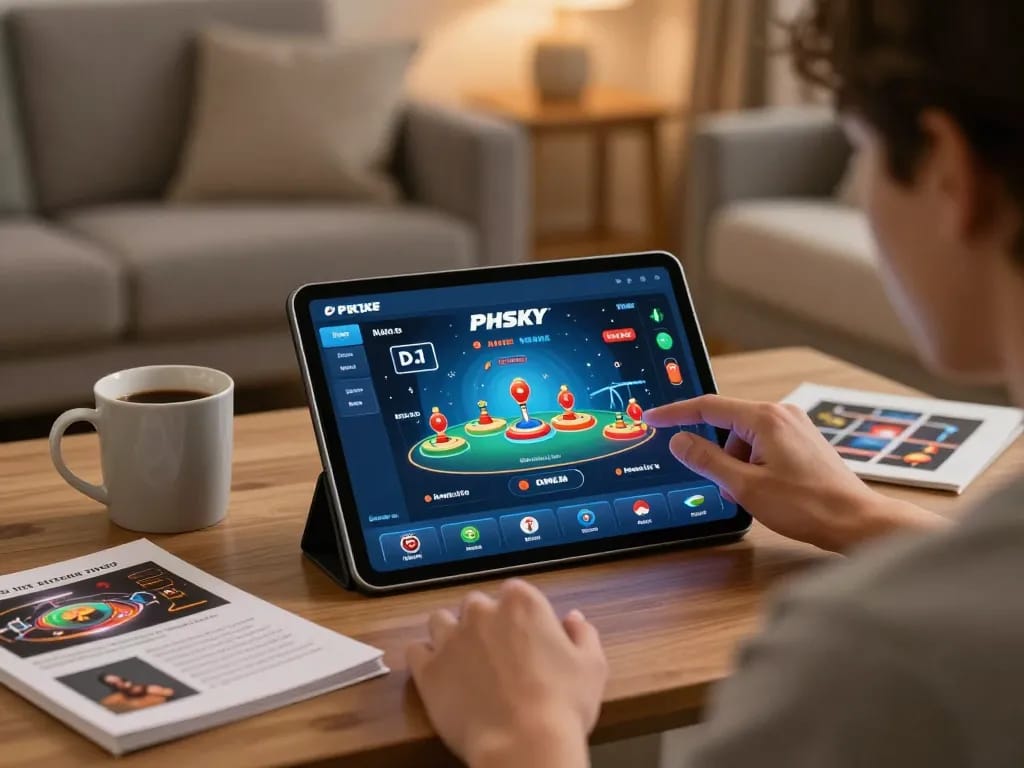 Player engaged with the PHSKY app for online gaming, surrounded by a warm and cozy setting.