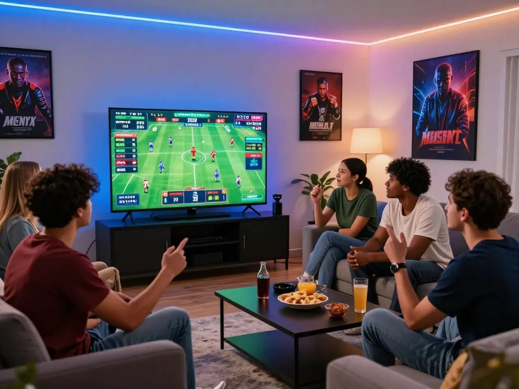 Engaging friends enjoying online betting at 33win.fitness in a vibrant home gaming environment with snacks and drinks.