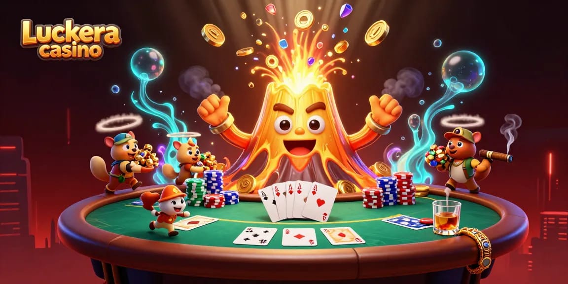 Play thrilling games at Luckera casino with a golden volcano and treasure-filled adventure.