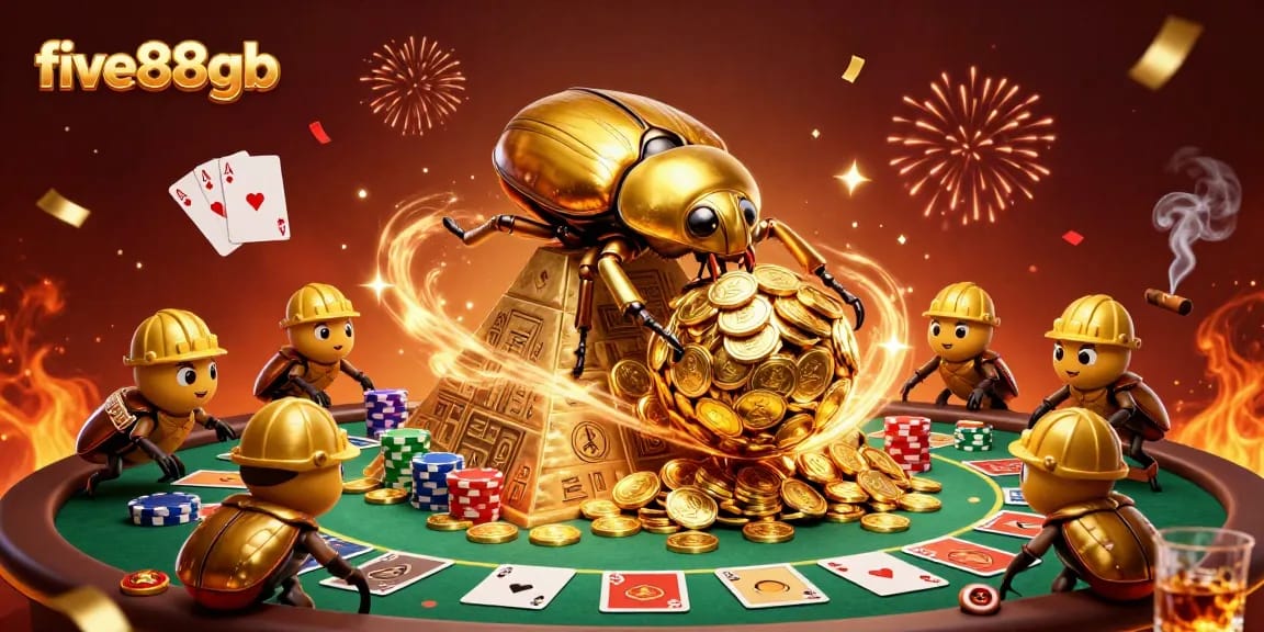 Experience the thrilling adventure of five88gb with a golden dung beetle rolling a massive ball of coins in an exciting casino setting.