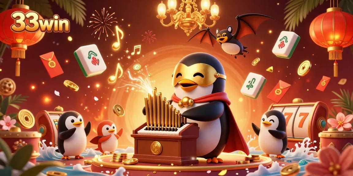 Engage with the thrilling atmosphere at 33win, showcasing a penguin playing an organ amidst casino elements.