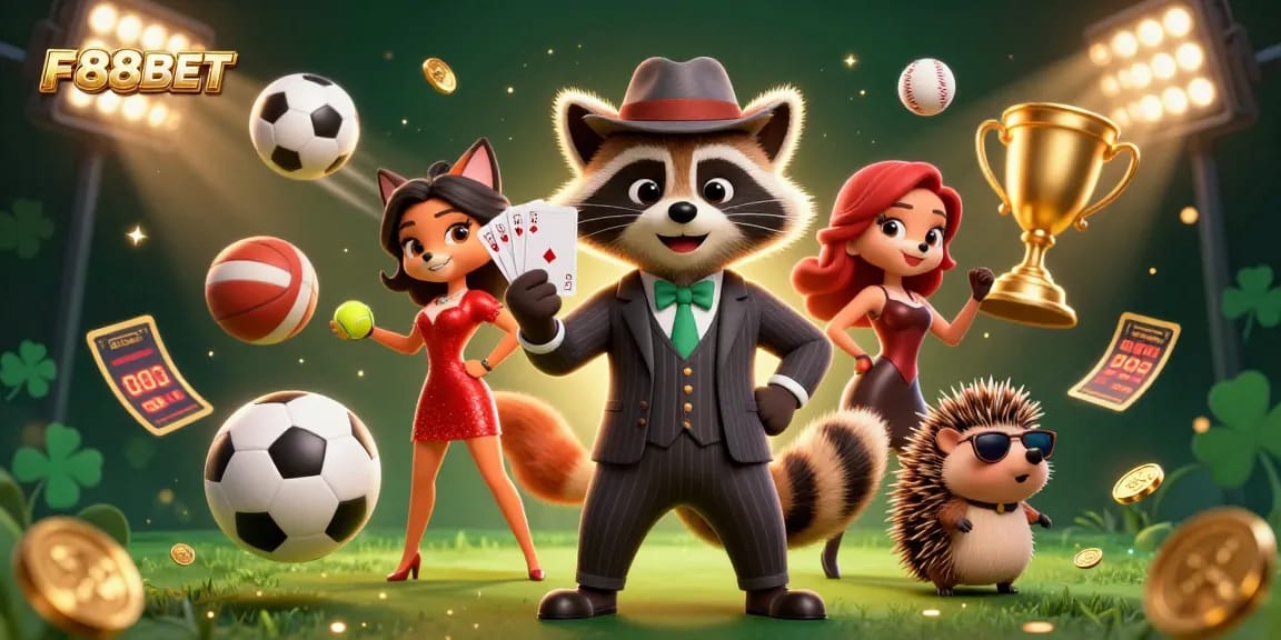 Experience thrilling action at F88BET with a royal flush, surrounded by sports elements and vibrant characters.