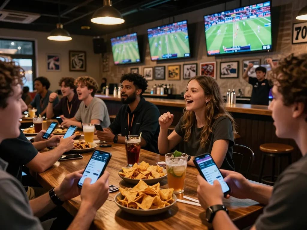 Engaged sports bettors using Nowgoal app on smartphones in a vibrant sports bar.