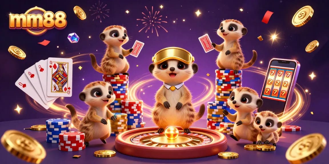 Join the vibrant mm88 casino scene with creative meerkats celebrating winnings, featuring dynamic game elements.