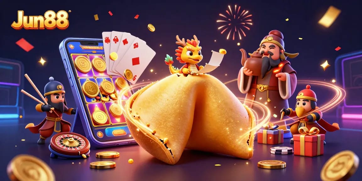 Explore Jun88's vibrant casino scene showcasing a golden fortune cookie, a wise dragon, and lively gaming elements.