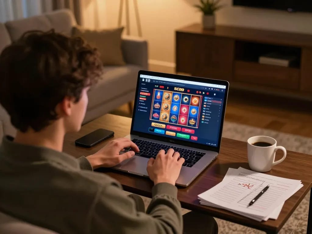 Engaging in SC88 online gaming at home with a laptop showing vibrant casino interface