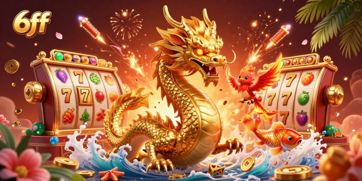 Win big with 6ff's vibrant depiction of an epic dragon, glowing phoenix, and golden koi amidst a dynamic casino scene.