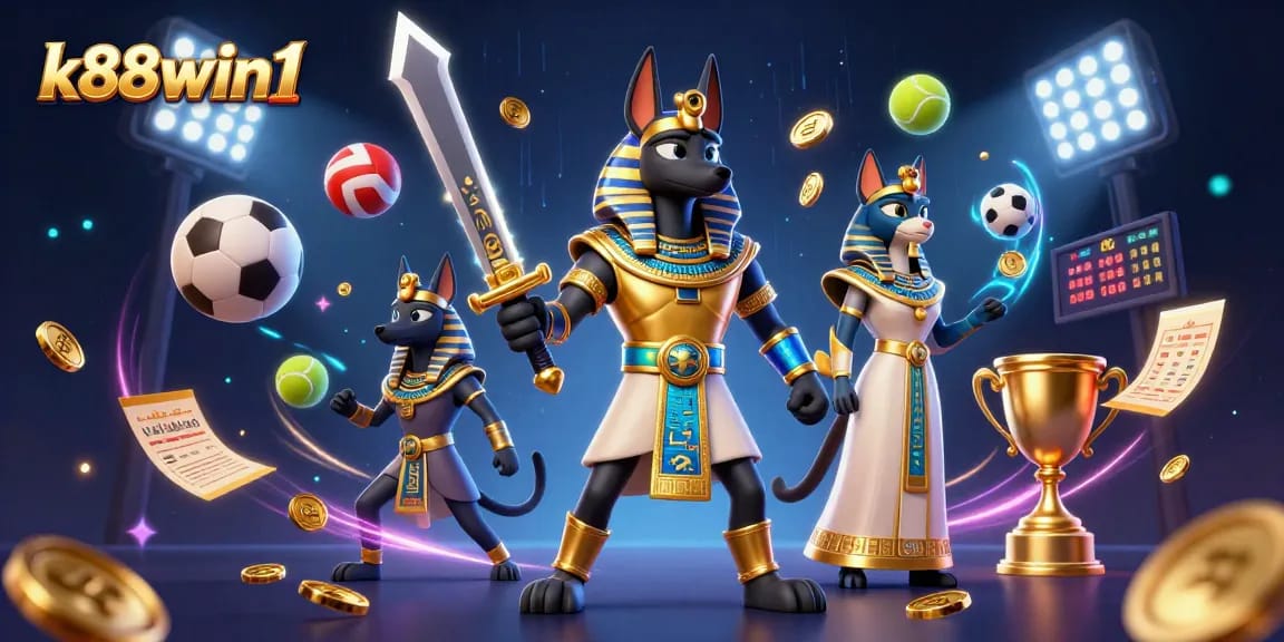 Win big with k88win1 in a vibrant 3D casino scene filled with sports elements and dynamic energy!