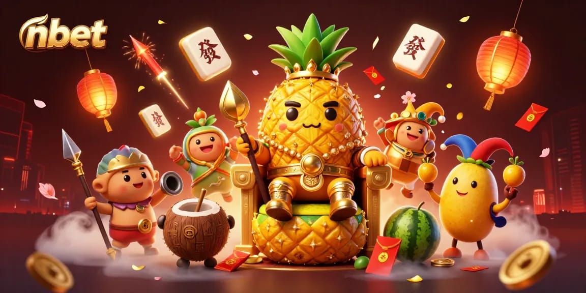 Experience the exciting nbet casino world with a vibrant scene featuring a golden pineapple king and festive elements.
