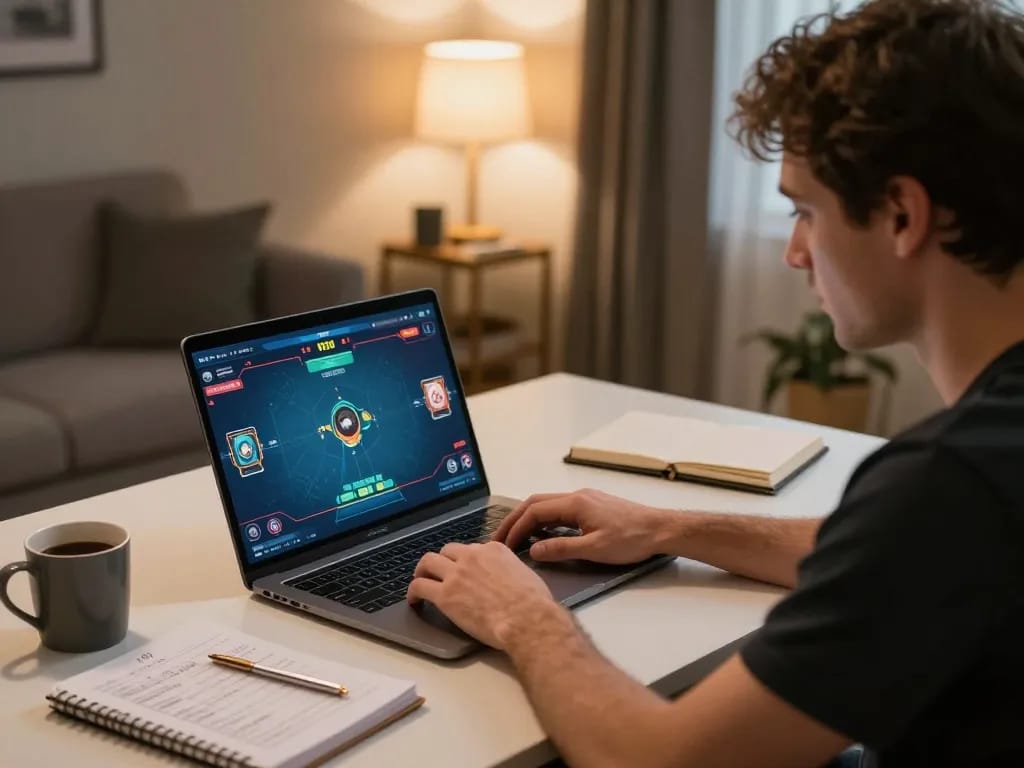 Engaged player enjoying rik vip poker game on laptop, showcasing strategic gameplay in cozy home environment.