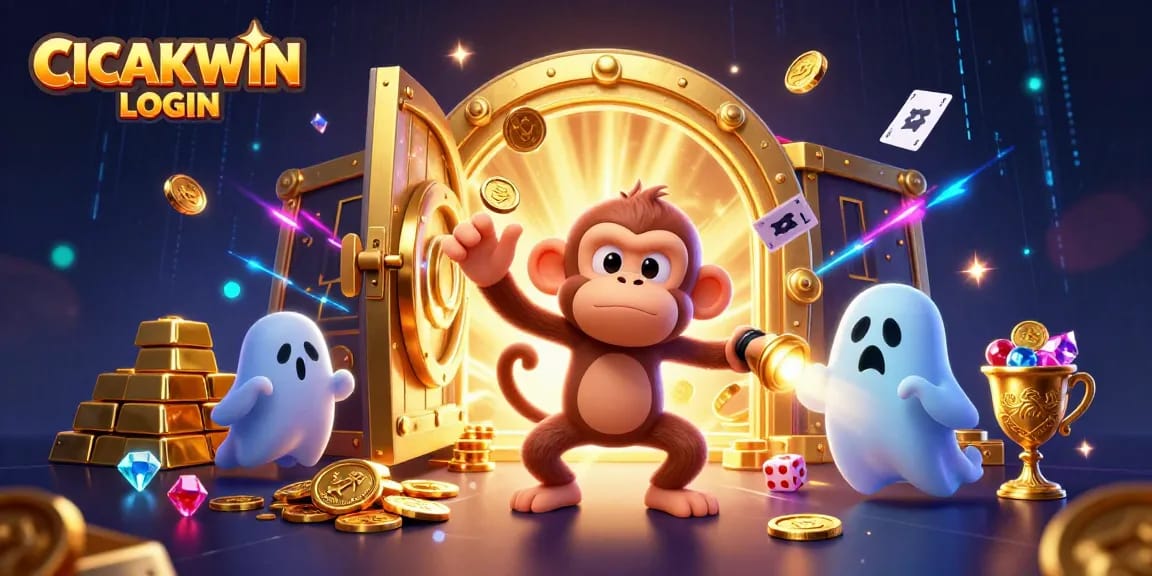 Jump into excitement with CICAKWIN LOGIN as a mischievous monkey juggles casino treasures in a haunted setting.