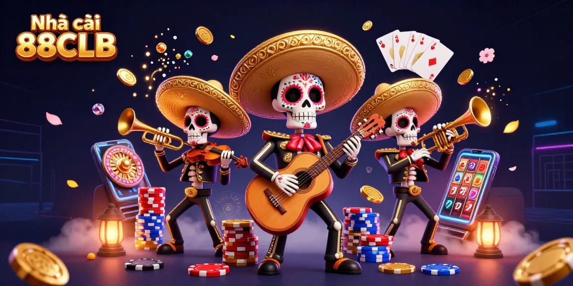Play and win at Nhà cái 88CLB, featuring a lively mariachi band celebrating casino vibes!