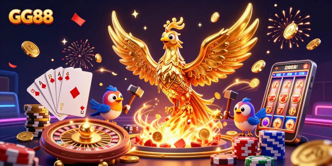 Experience GG88's thrilling gaming action with dynamic golden phoenixes and vibrant casino elements.
