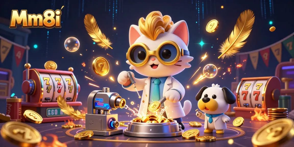 Experience thrilling casino action with the Mm8i brand in a vibrant 3D scene filled with gold and excitement.