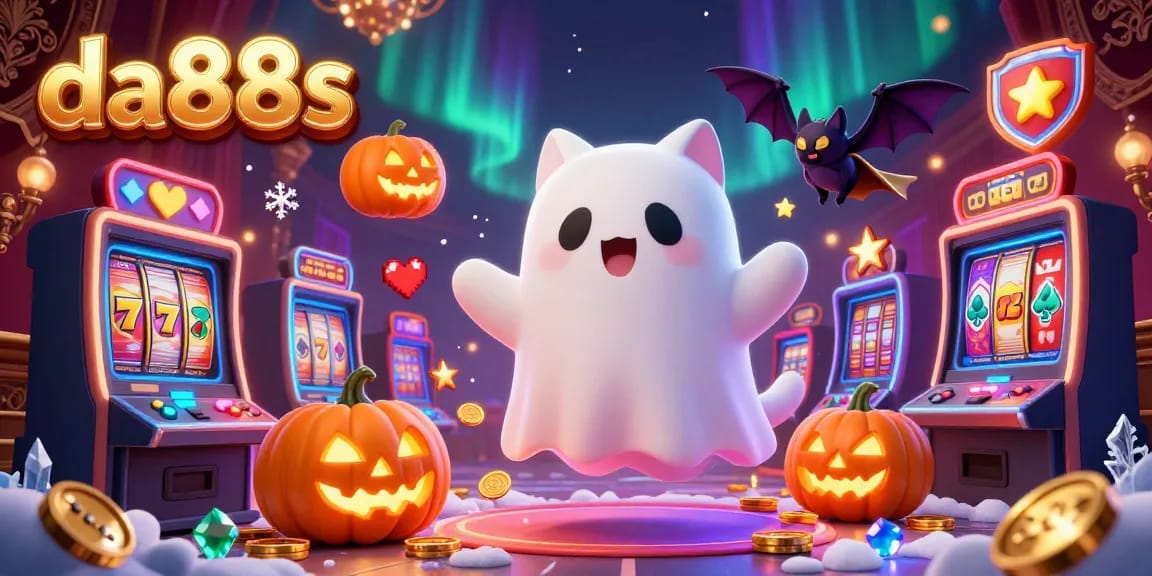 Play thrilling casino games at da88s with a friendly ghost cat and vampire bat in a colorful 3D scene.