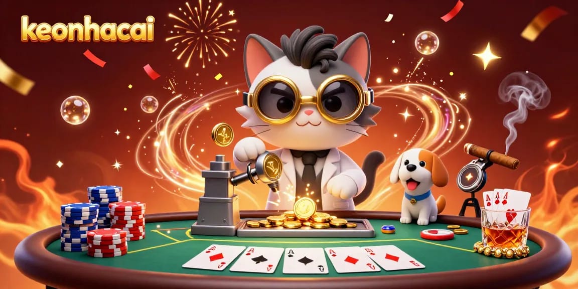 Engage with keonhacai and witness a thrilling casino scene animated with poker chips and vibrant characters.