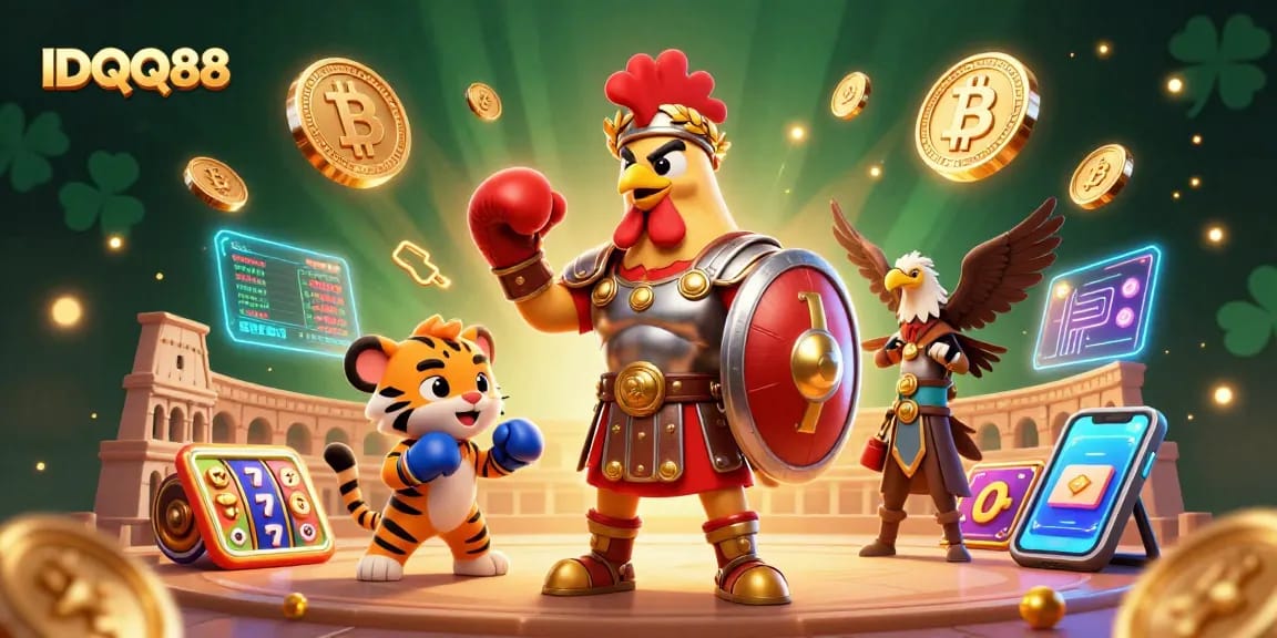 Experience the thrill of IDQQ88 slots with a dynamic 3D gladiator rooster, rich game elements, and captivating visuals.