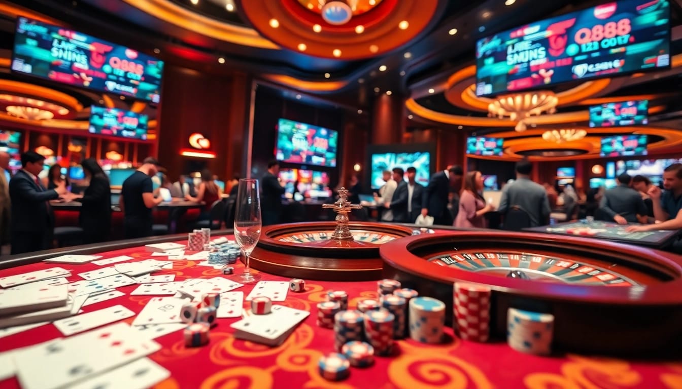 Experience thrilling gambling moments with qh88 at a luxurious casino table filled with chips and cards.