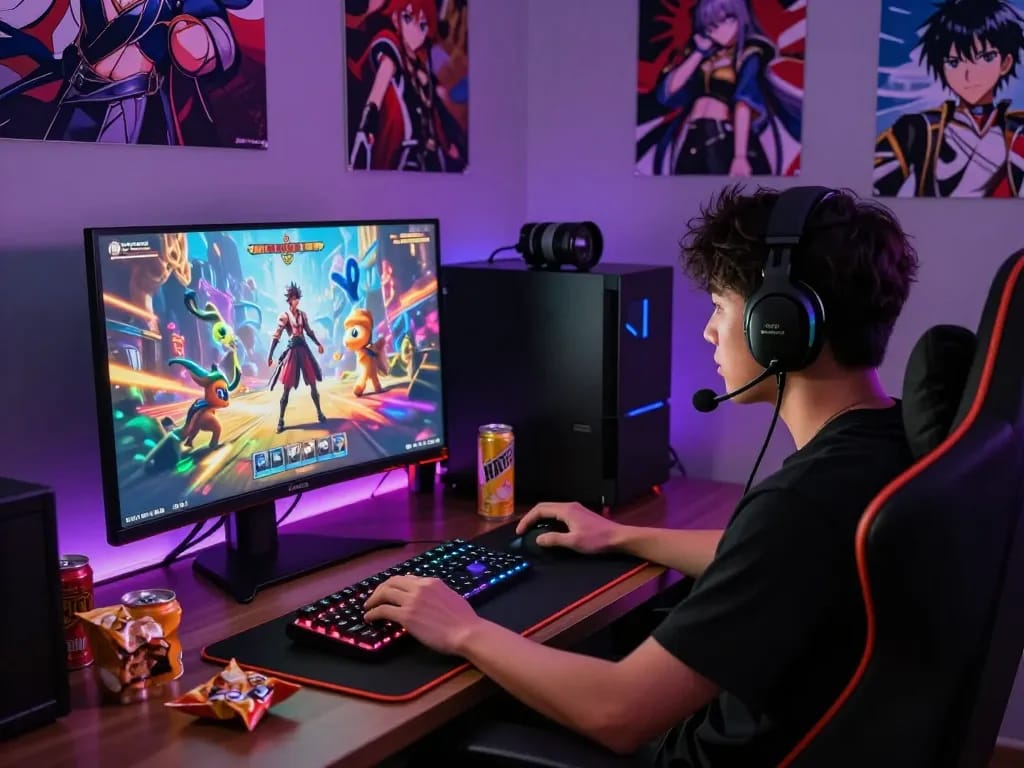 Gamer immersed in hentai games on a vibrant monitor with anime artwork.