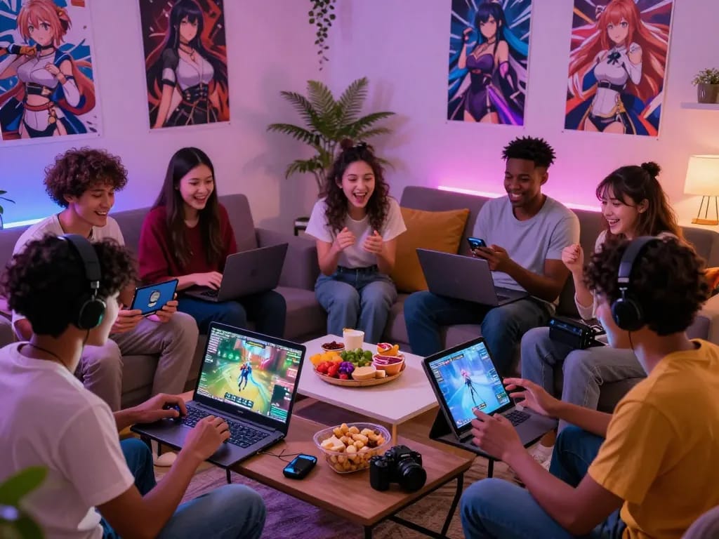 Players enjoying a thrilling hentai game on multiple devices in a cozy living room setting, showcasing the fun and immersive adult gaming experience.