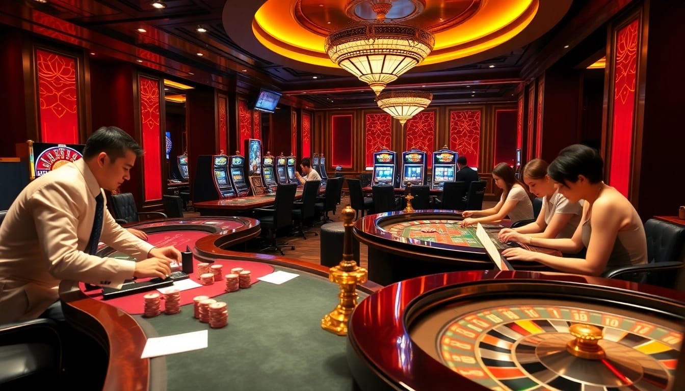 Exciting gambling action at QH88 with vibrant tables, chips, and professional dealers.