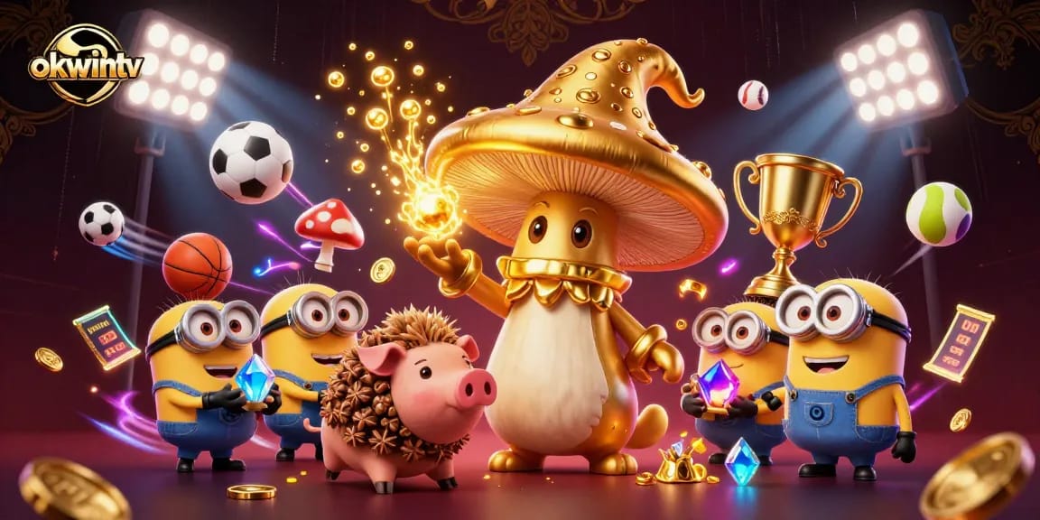 Experience excitement with okwintv's dynamic gambling illustrations featuring magic and sports elements.