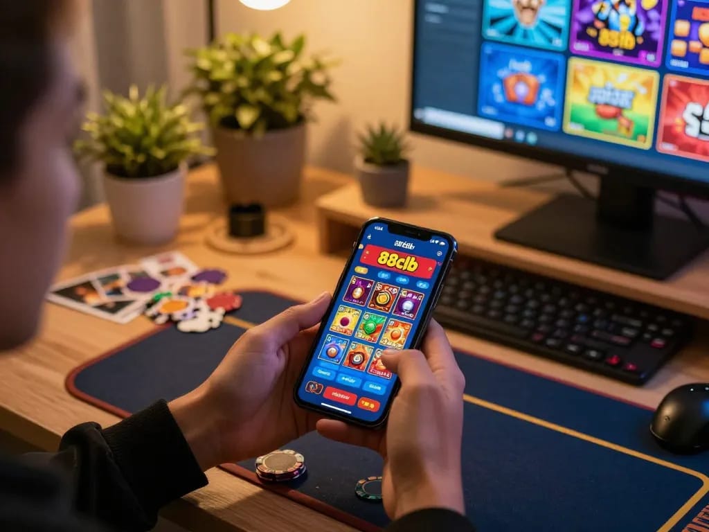 Person engaging with the 88clb app on a smartphone in a cozy home setting.