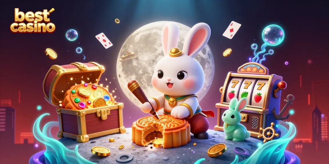 Experience the excitement at the best online casino with a moon rabbit revealing treasures and vibrant casino elements.