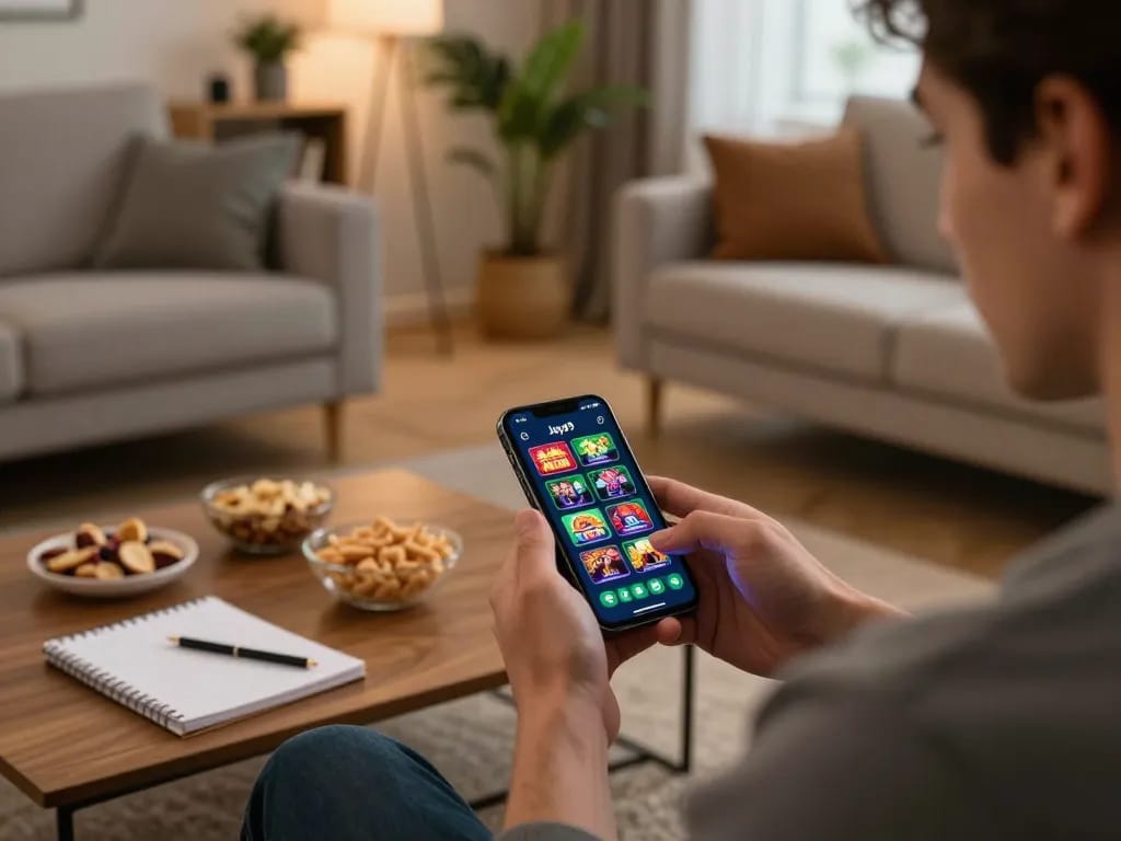 Player using the Jaya9 App on smartphone to engage in casino games at home.