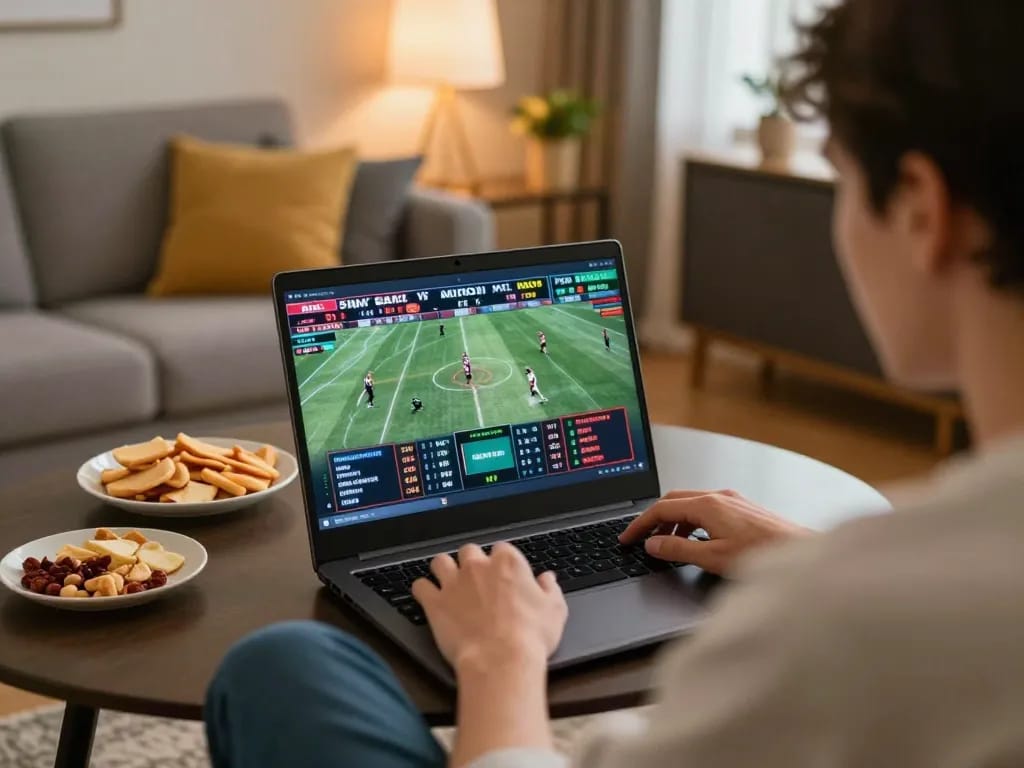 Engaging in live sports betting at https://bl555.agency/ with a laptop showcased in a cozy home setting