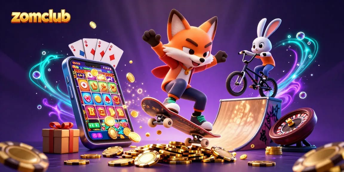 Experience the thrill at zomclub with vibrant 3D characters surrounded by casino games and dynamic elements.