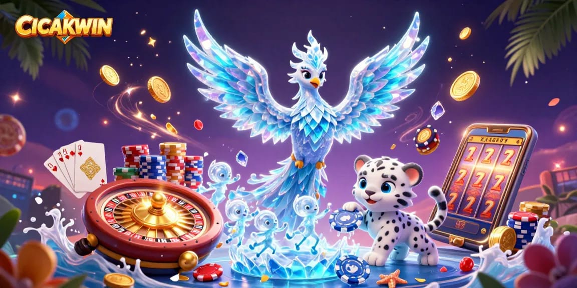 CICAKWIN showcases a vibrant 3D digital illustration of an ice phoenix and snow leopard cub amid a dazzling casino scene.