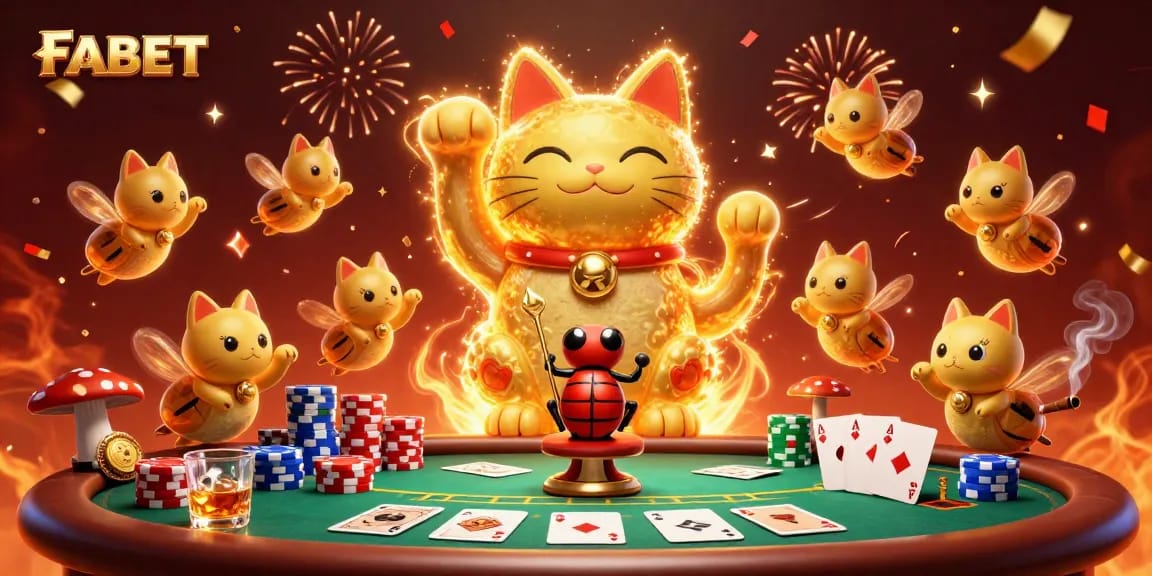 Experience FABET's vibrant casino action with a lucky cat and conductor in a lively digital scene.