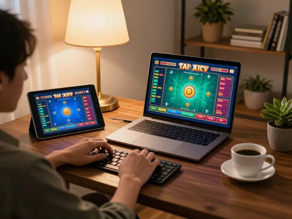 Engaged player enjoying tai xiu online in a cozy home setting, laptop displaying game interface.