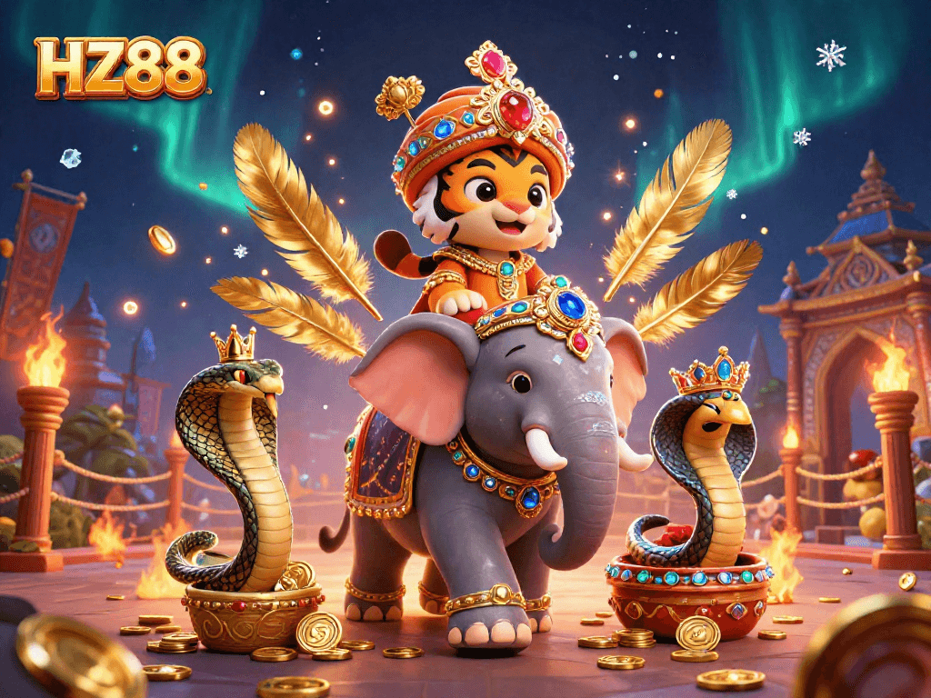 Engage in thrilling adventures at HZ88 with a vibrant scene featuring unique characters and dazzling casino elements.